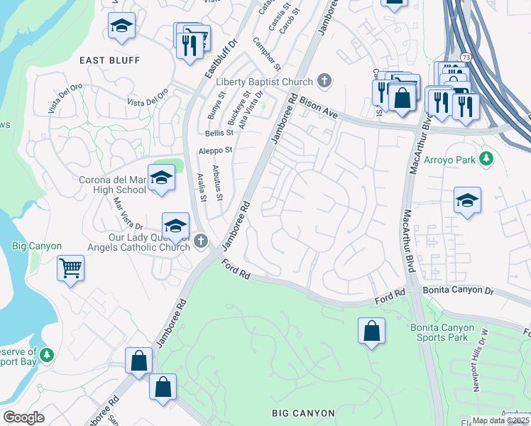map of restaurants, bars, coffee shops, grocery stores, and more near 8 Crooked Stick Drive in Newport Beach