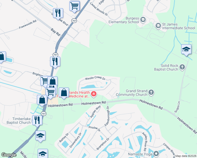 map of restaurants, bars, coffee shops, grocery stores, and more near 8943 Alexander Court in Myrtle Beach