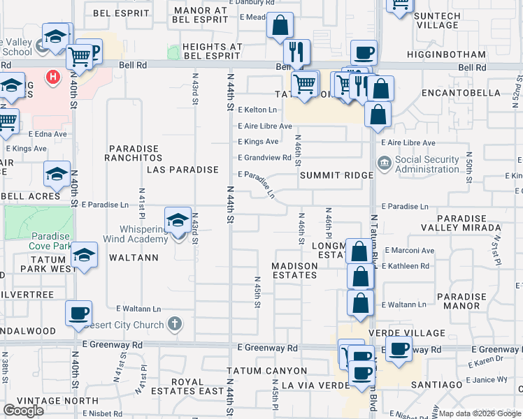 map of restaurants, bars, coffee shops, grocery stores, and more near 4520 East Le Marche Avenue in Phoenix