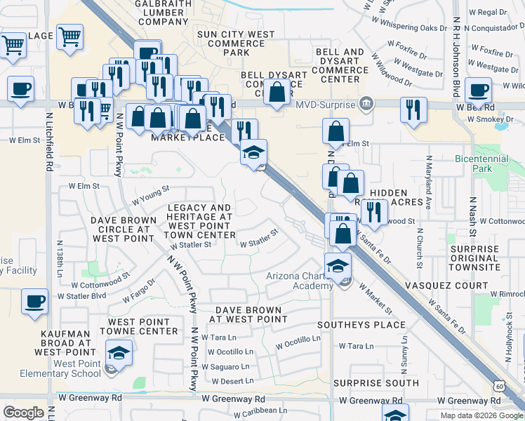 map of restaurants, bars, coffee shops, grocery stores, and more near 13319 West Post Drive in Surprise