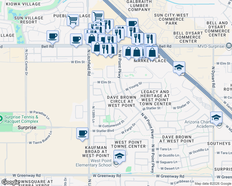 map of restaurants, bars, coffee shops, grocery stores, and more near 16397 North 137th Drive in Surprise