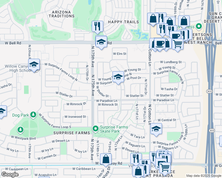 map of restaurants, bars, coffee shops, grocery stores, and more near 17359 West Surprise Farms Loop North in Surprise