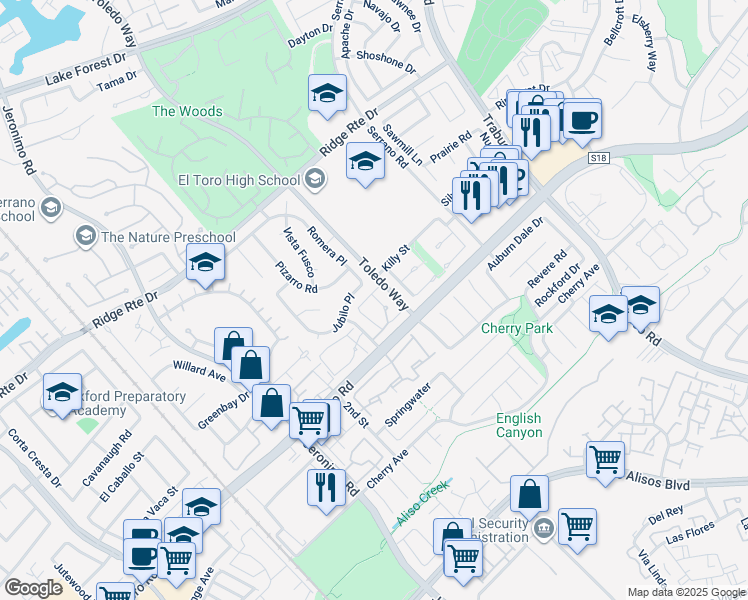 map of restaurants, bars, coffee shops, grocery stores, and more near 22701 Malaga Way in Lake Forest