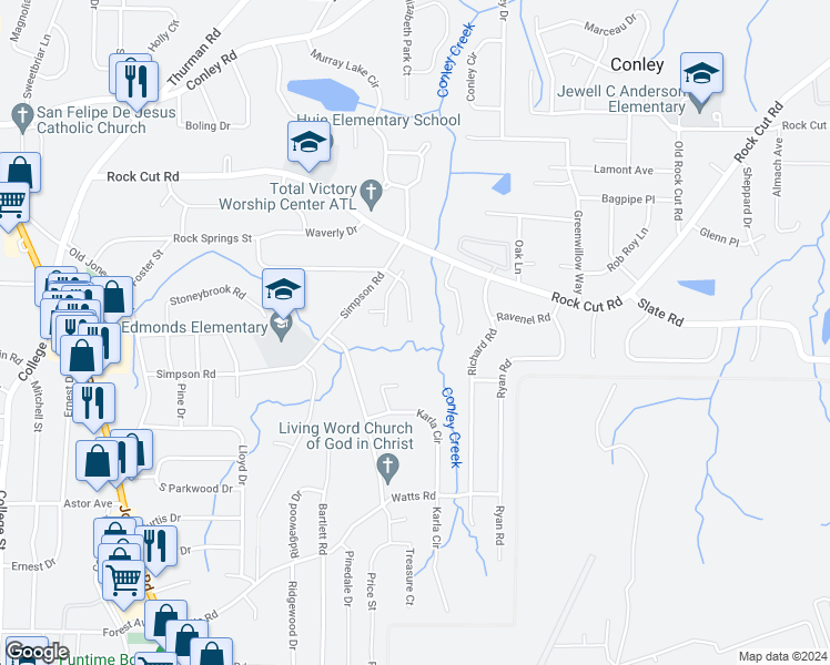 map of restaurants, bars, coffee shops, grocery stores, and more near 552 Simpson Place Drive in Forest Park