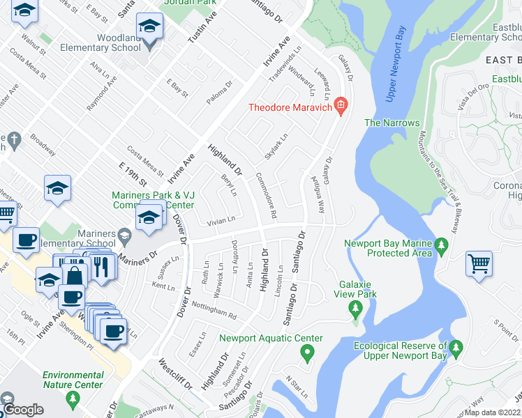 map of restaurants, bars, coffee shops, grocery stores, and more near 1824 Highland Drive in Newport Beach