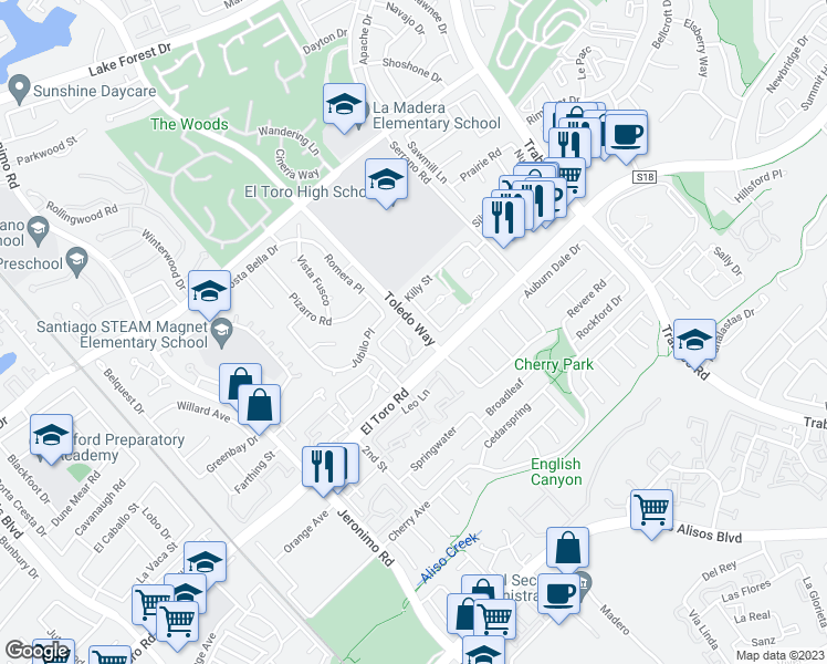 map of restaurants, bars, coffee shops, grocery stores, and more near 22738 Malaga Way in Lake Forest