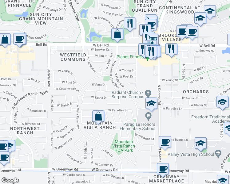 map of restaurants, bars, coffee shops, grocery stores, and more near 16251 North 158th Drive in Surprise