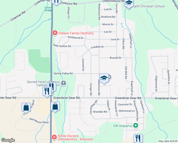 map of restaurants, bars, coffee shops, grocery stores, and more near 1112 Conger Road in Anniston