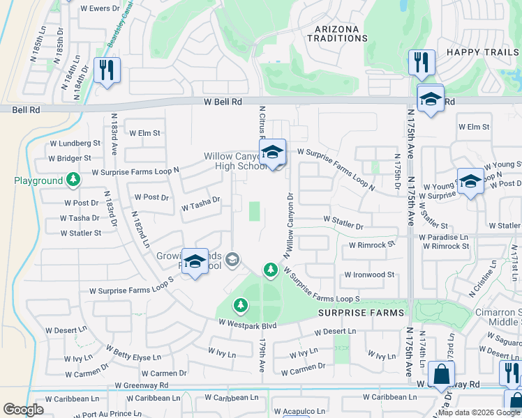 map of restaurants, bars, coffee shops, grocery stores, and more near 16600 North Citrus Road in Surprise