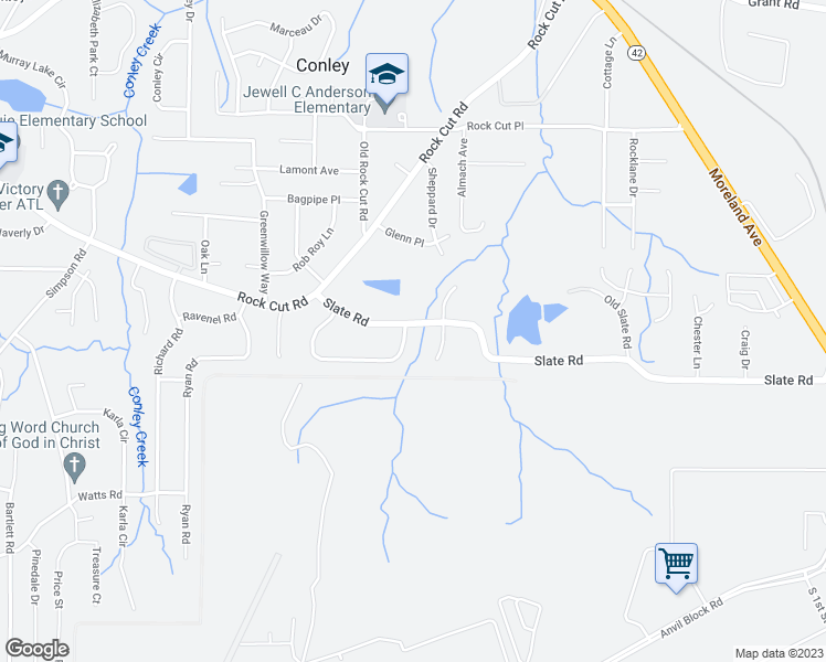 map of restaurants, bars, coffee shops, grocery stores, and more near 1743 Slate Road in Conley