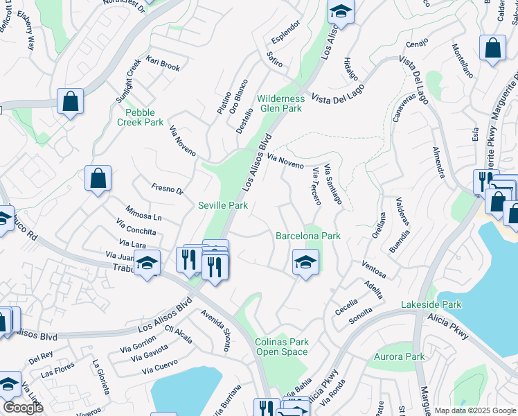 map of restaurants, bars, coffee shops, grocery stores, and more near 22706 Via Santa Rosa in Mission Viejo