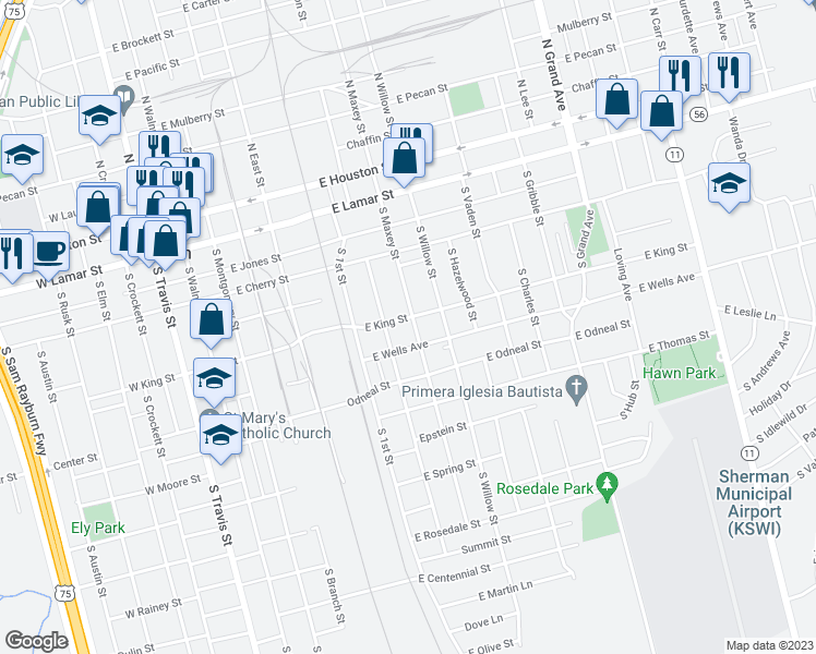 map of restaurants, bars, coffee shops, grocery stores, and more near 604 South Maxey Street in Sherman