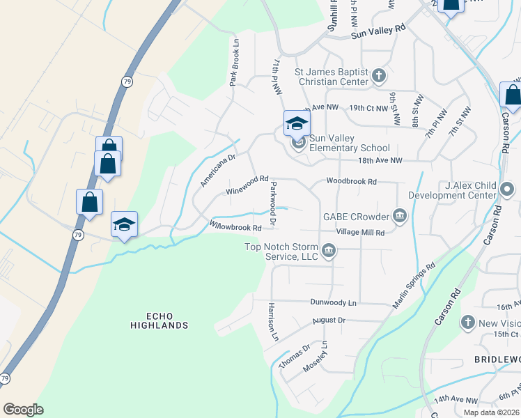 map of restaurants, bars, coffee shops, grocery stores, and more near 1705 Ridgewood Road in Birmingham