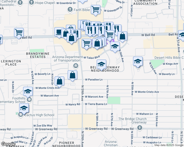 map of restaurants, bars, coffee shops, grocery stores, and more near 5861 West Beverly Lane in Glendale
