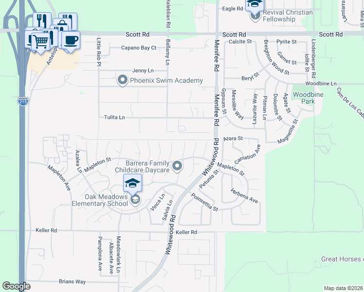 map of restaurants, bars, coffee shops, grocery stores, and more near 33578 Poppy Lane in Murrieta
