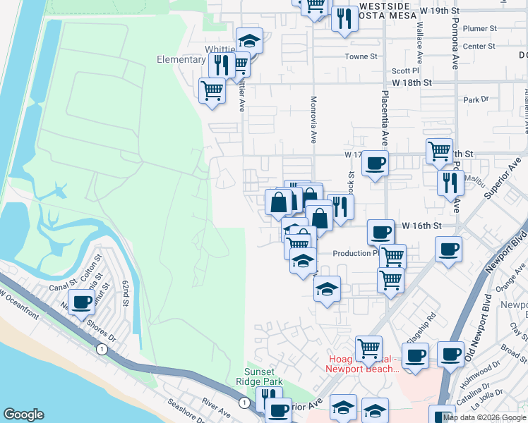 map of restaurants, bars, coffee shops, grocery stores, and more near 1002 Katama Bay Drive in Costa Mesa