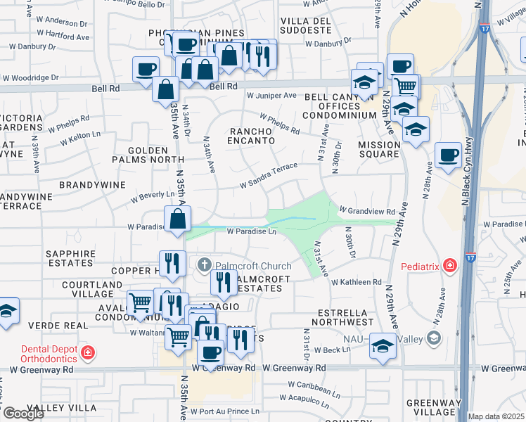 map of restaurants, bars, coffee shops, grocery stores, and more near 16201 North 33rd Lane in Phoenix
