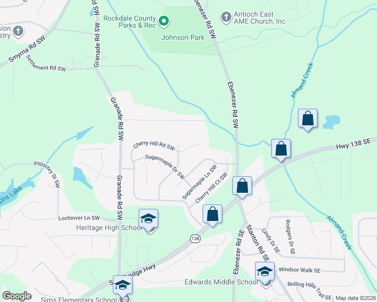 map of restaurants, bars, coffee shops, grocery stores, and more near 1476 Cherry Hill Road Southwest in Conyers