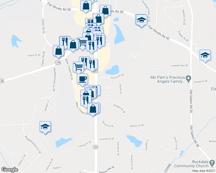 map of restaurants, bars, coffee shops, grocery stores, and more near 1401 Aramore Drive Southeast in Conyers