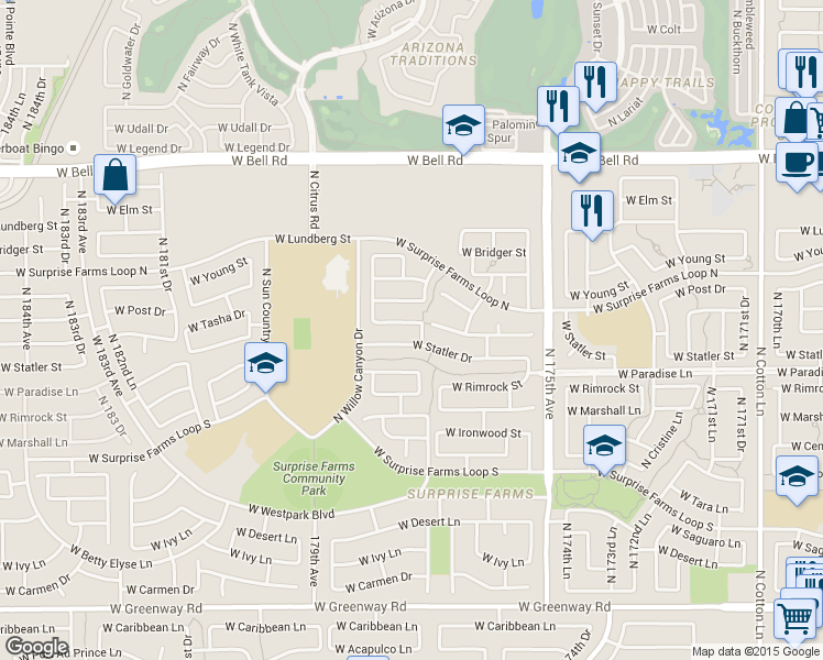 map of restaurants, bars, coffee shops, grocery stores, and more near 17719 West Tasha Drive in Surprise