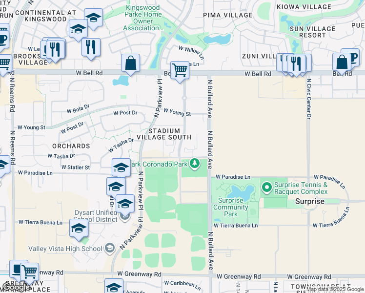 map of restaurants, bars, coffee shops, grocery stores, and more near 16485 North Stadium Way in Surprise