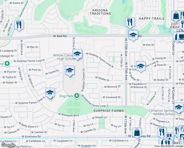 map of restaurants, bars, coffee shops, grocery stores, and more near 17782 West Statler Drive in Surprise