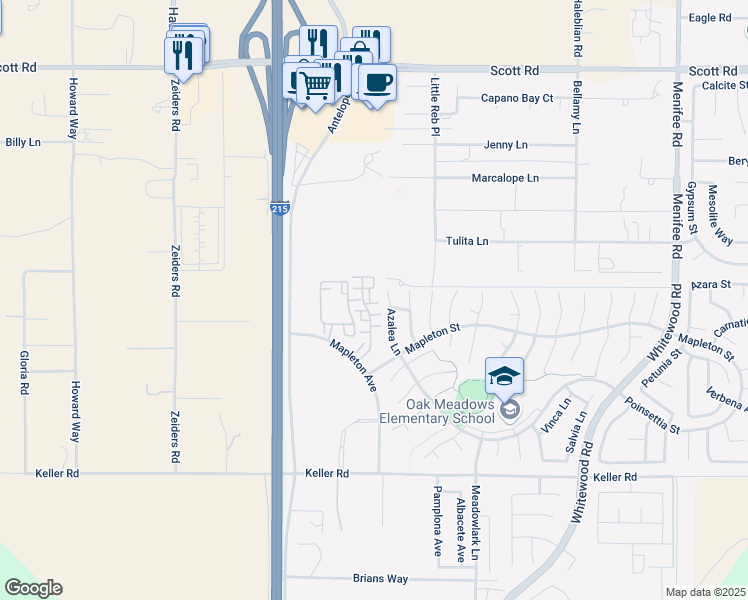 map of restaurants, bars, coffee shops, grocery stores, and more near 33573 Azalea Lane in Murrieta