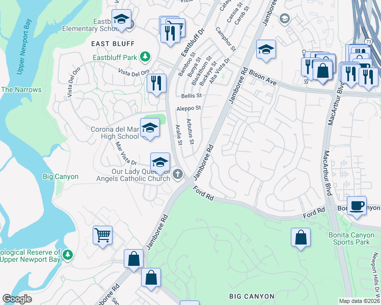 map of restaurants, bars, coffee shops, grocery stores, and more near 2201 Arbutus Street in Newport Beach