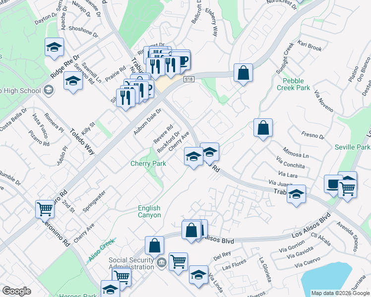 map of restaurants, bars, coffee shops, grocery stores, and more near 25935 Glenhurst in Lake Forest
