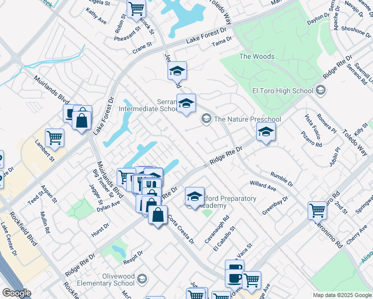 map of restaurants, bars, coffee shops, grocery stores, and more near 24571 Overlake in Lake Forest