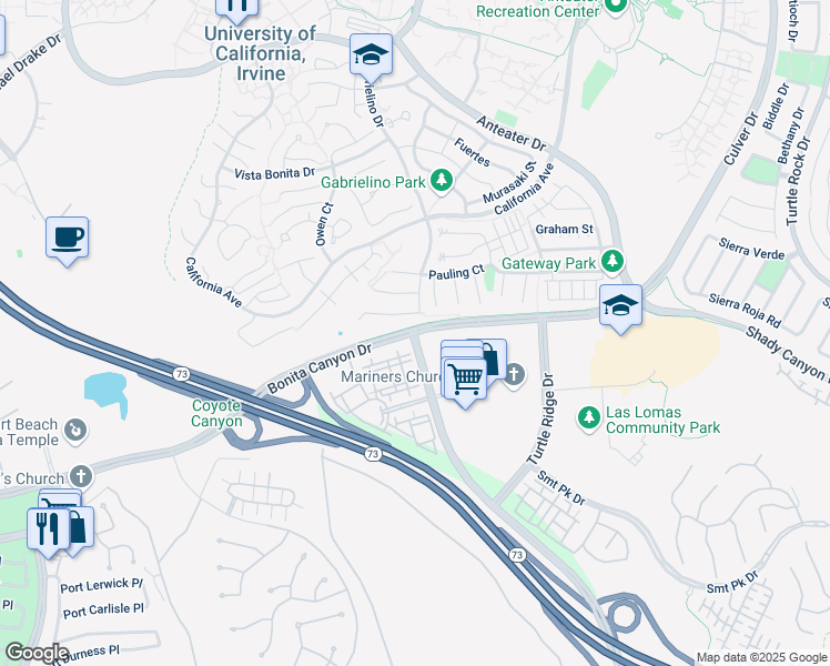 map of restaurants, bars, coffee shops, grocery stores, and more near Newport Coast Drive & Bonita Canyon Drive in Irvine