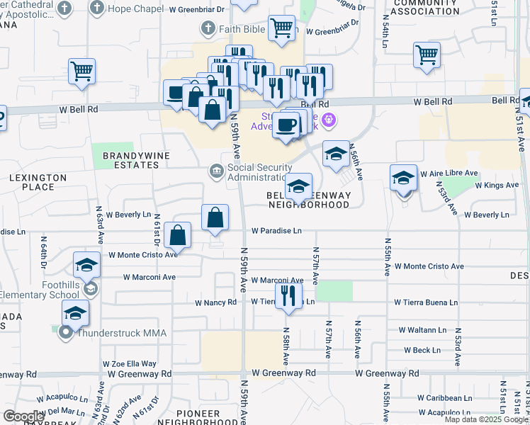 map of restaurants, bars, coffee shops, grocery stores, and more near 5861 West Beverly Lane in Glendale