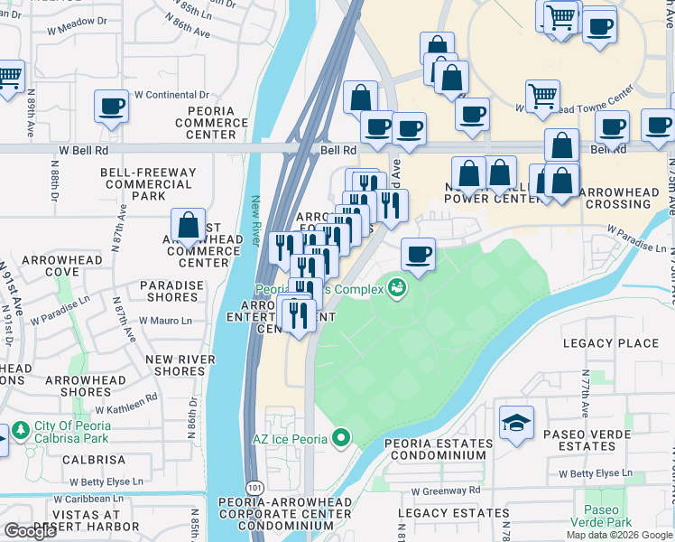 map of restaurants, bars, coffee shops, grocery stores, and more near 16134 North 83rd Avenue in Peoria
