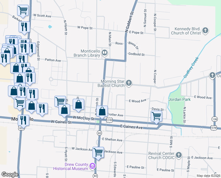 map of restaurants, bars, coffee shops, grocery stores, and more near 562 Bailey in Monticello