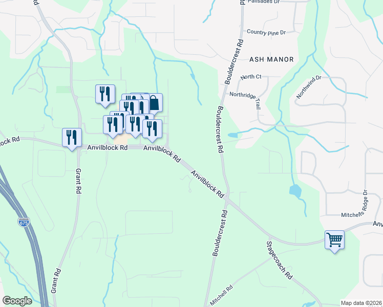 map of restaurants, bars, coffee shops, grocery stores, and more near 3182 Anvil Block Road in Ellenwood