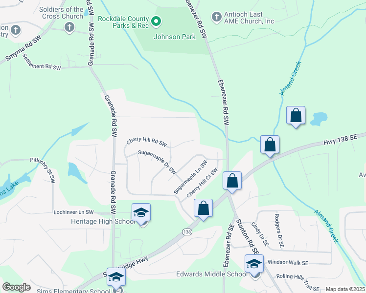 map of restaurants, bars, coffee shops, grocery stores, and more near 1472 Cherry Hill Road Southwest in Conyers