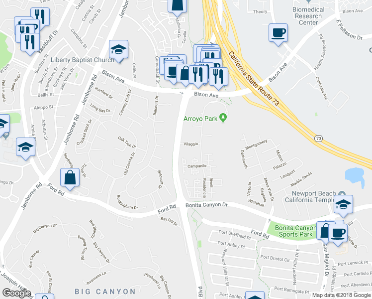 map of restaurants, bars, coffee shops, grocery stores, and more near 1001 Vilaggio in Newport Beach