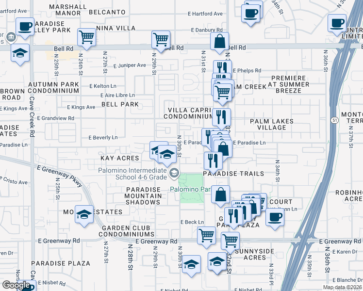 map of restaurants, bars, coffee shops, grocery stores, and more near 3009 East Paradise Lane in Phoenix