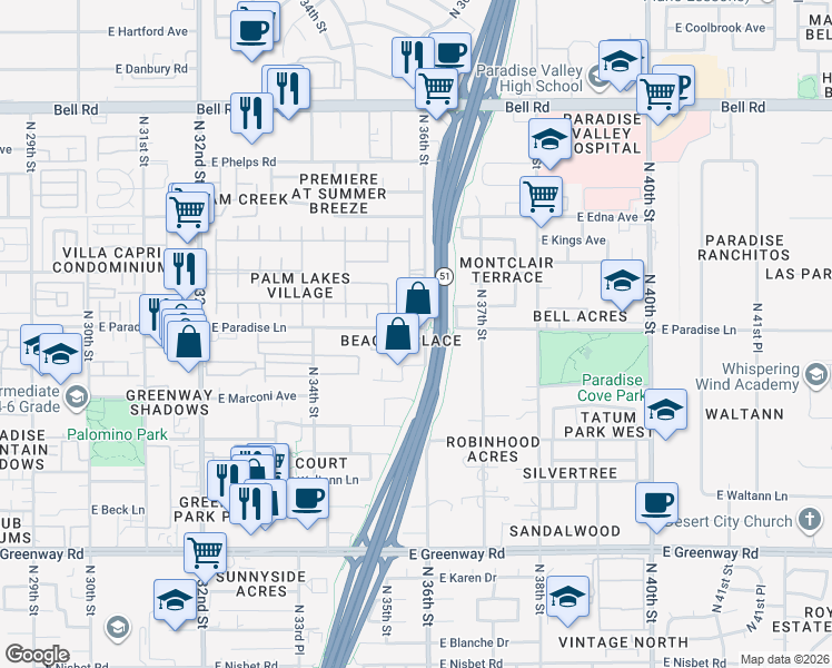 map of restaurants, bars, coffee shops, grocery stores, and more near 3554 East Montreal Place in Phoenix