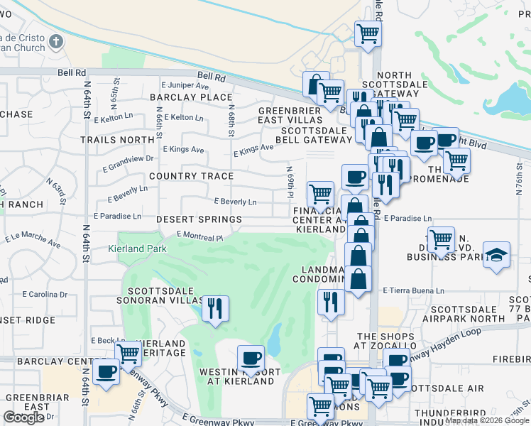 map of restaurants, bars, coffee shops, grocery stores, and more near 6901 East Paradise Lane in Scottsdale