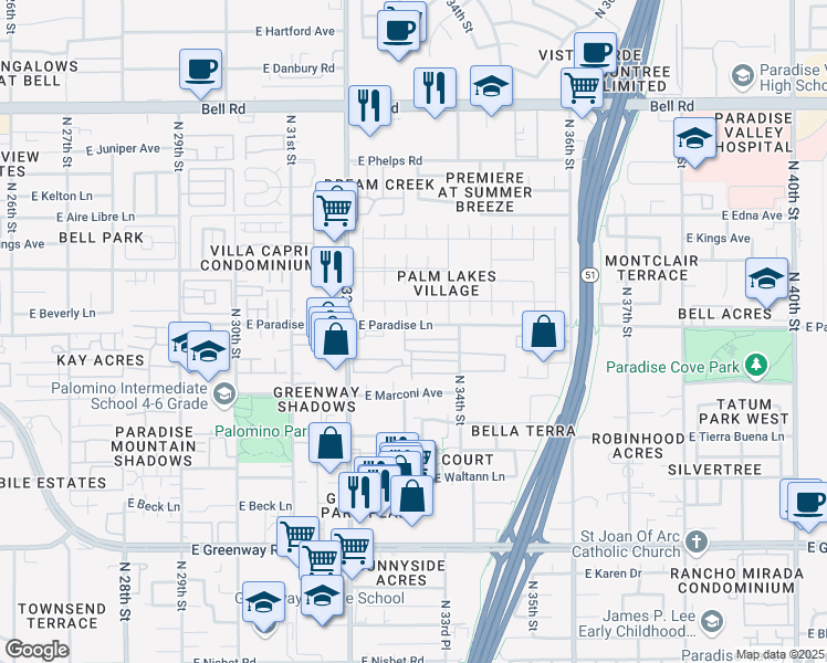 map of restaurants, bars, coffee shops, grocery stores, and more near 16005 North 32nd Street in Phoenix