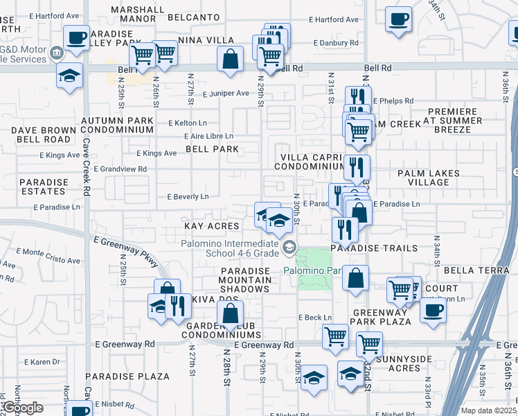 map of restaurants, bars, coffee shops, grocery stores, and more near 2844 East Le Marche Avenue in Phoenix