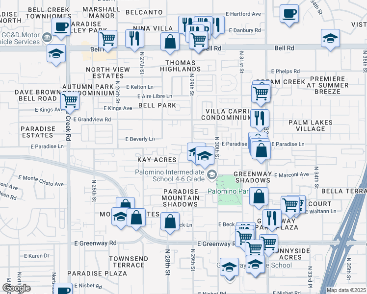 map of restaurants, bars, coffee shops, grocery stores, and more near 2844 East Le Marche Avenue in Phoenix
