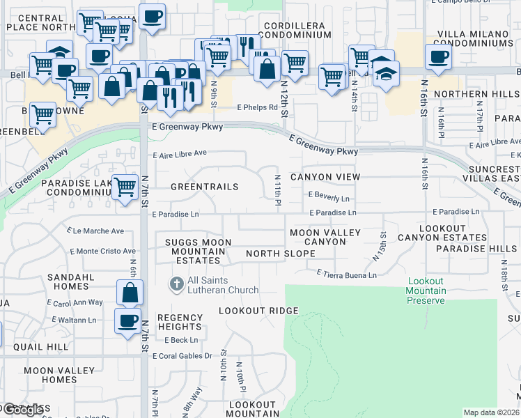 map of restaurants, bars, coffee shops, grocery stores, and more near 1019 East Paradise Lane in Phoenix