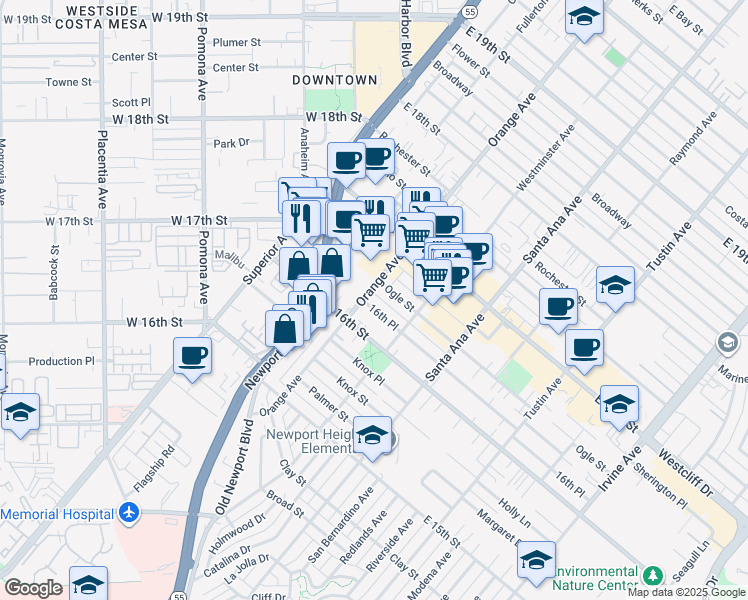 map of restaurants, bars, coffee shops, grocery stores, and more near 1612 Orange Avenue in Costa Mesa