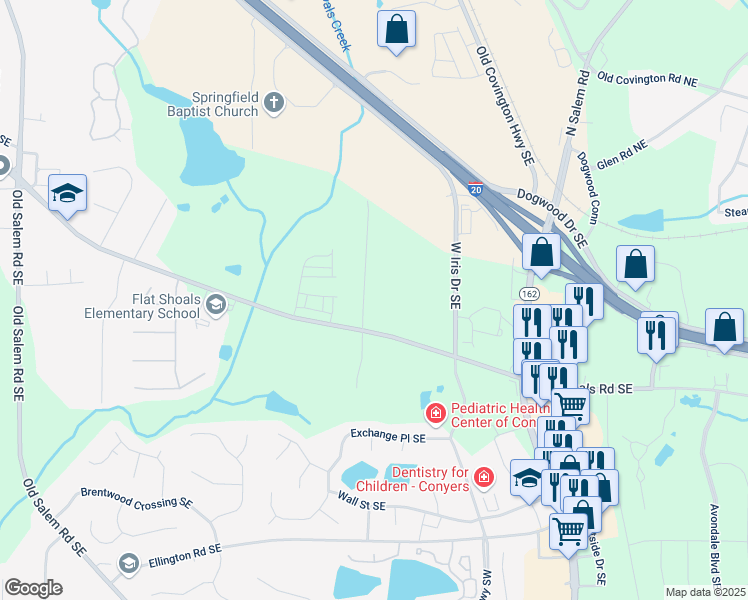 map of restaurants, bars, coffee shops, grocery stores, and more near 2140 Teri Lane Southeast in Conyers