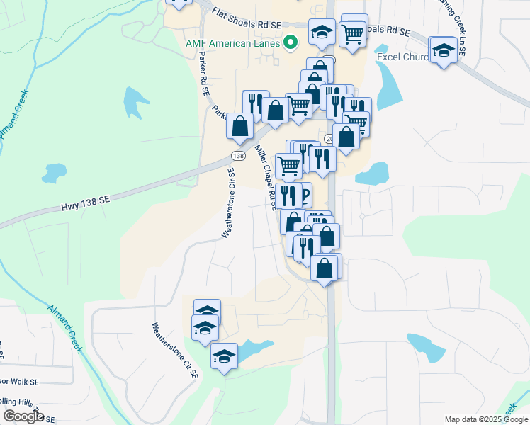 map of restaurants, bars, coffee shops, grocery stores, and more near 2109 Boxwood Circle in Conyers