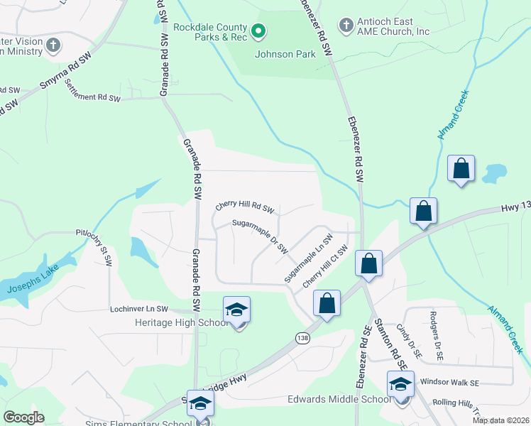 map of restaurants, bars, coffee shops, grocery stores, and more near 1492 Cherry Hill Road Southwest in Conyers