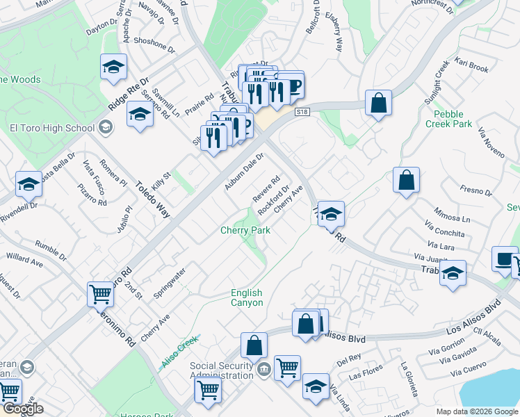 map of restaurants, bars, coffee shops, grocery stores, and more near 22712 Foxborough Way in Lake Forest