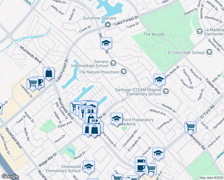 map of restaurants, bars, coffee shops, grocery stores, and more near 24571 Overlake in Lake Forest